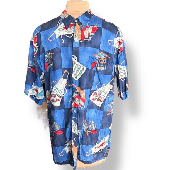Vintage Campia Moda BBQ Shirt XL Blue Checked Grill Apron Print Rayon Boxy Camp - Picture 1 of 9